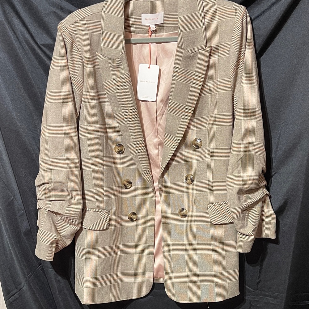 Skies are Blue Tan Plaid Double-Breasted Look Open Front Blazer